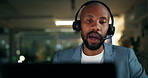 Night, employee and man with laptop, call center and communication with contact for lead generation. Laughing, agent and black person with headset, working late and discussion for sales on website