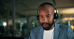 Night, telemarketing and man with laptop, call center and chatting with contact for lead generation. Serious, employee and black person with headset, working late and discussion for sales on website