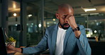 Night, laptop and black man in office with eye strain, burnout or overtime fatigue in finance. Glasses, accountant and tired person with headache, audit deadline and pressure or stress in business