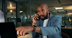 Phone call, night and business man on laptop for contact, client negotiation and discussion. Financial advisor, working late and person on smartphone for talking, investment consulting and feedback