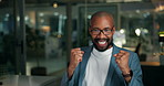 Night, celebrate and businessman with laptop for good news, promotion and corporate success. Applause, working overtime or African person in office with computer for goal, achievement or celebration.