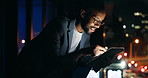 Balcony, night and tablet with business black man in city for design or project management deadline. App, planning and research with African employee at corporate office for evening report or review
