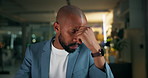 Night, frustrated and black man in office with headache, burnout or overtime fatigue in finance. Exhausted, accountant and tired person with laptop, audit deadline and pressure or stress in business