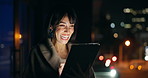 Night, laughing and woman in office with tablet, funny social media post and smile at text message. Evening, typing and happy female person with digital technology, good news and internet comedy