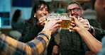 Cheers, celebration and people in pub with beer, good news and special occasion at night. Happy, friends and toast at late party with alcohol drink, milestone and achievement in social gathering.