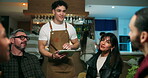 Waiter, tablet and order with people at bar for menu option, hospitality and alcohol tab. Restaurant host, drink server and digital bill with friends at diner for bartender service and customer