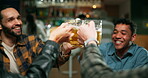 Night, cheers and men with beer in pub, friends or celebration for social gathering, laugh and chat. People, together and hangout with drinks in bar, evening and toast with alcohol, talking and break