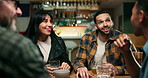 People, beer and friends talk in pub for hangout, social gathering and share story. Alcohol, smile and group conversation in bar for Octoberfest, night out and connection on happy hour for reunion