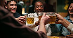 Hands, friends and cheers with beer in bar for reunion celebration, social event and night. Happy hour, people and group with alcohol toast at pub for achievement, evening gathering and weekend break