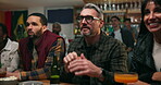 Sports, friends and celebrate in pub with beer, watch party and goal for soccer match. Excited, happy and people in restaurant with crowd, live broadcast and together for football championship.
