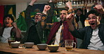 Friends, sports and celebrate in pub with beer, watch party and goal for soccer match. Happy, excited and people in restaurant with crowd, live broadcast and together for football championship.