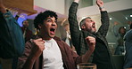 Men, cheering and watching tv with celebration at bar for match goal, winning and entertainment. Sport fans, excited friends and energy with high five in pub for football tournament or live broadcast