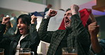 Bar, excited and celebration with friends for sports, goal or clap together with French flag. Success, beer and cheers with people in pub for score, win game and fist pump for international victory