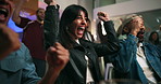 Friends, woman and shouting with celebration at pub for sports goal, applause and live streaming. Game fans, excited people and high five in bar for soccer tournament, entertainment and team victory