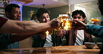 Men, friends and cheers with beer in pub for reunion celebration, appreciation and night party. Happy hour, weekend and group with alcohol toast at bar for evening event, social gathering and bonding