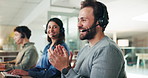 Success, call center and man in office with headset for telemarketing, sales goal and client deal. Customer service, coworking and workers celebrate for lead generation bonus, target and consulting