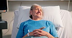 Senior woman, patient and thinking on hospital bed for recovery, post surgery and reflection. Sick, elderly person and rest with vision for healthcare services, treatment and  healing from operation