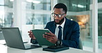 Laptop, tablet and black man in office with research for finance report with budget planning. Digital technology, computer and African male financial advisor with investment proposal in workplace.