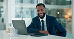 Face, laptop and smile with business black man in office for finance report or review. Computer, financial management and planning with happy African employee at desk in workplace for accounting