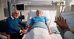 Happy, old couple and listening to doctor, hospital or excited for recovery, healthcare or wellness. Clinic, specialist and good news for elderly people, diagnosis and positive update or results
