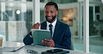 Happy, tablet and black man in office with research for finance report with budget planning. Digital technology, smile and African male financial advisor with investment proposal in workplace.