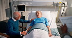 Diagnosis, sickness or senior couple in hospital with doctor, healthcare or cancer treatment. Recovery, support or people in medical care with explanation, advice or results for disease in retirement