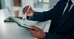Business, hands and man, with tablet, stylus and financial agency with funding request application. Person, employee and consultant in office, technology and digital signature for contract agreement