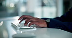 Hands, business and man in workplace, keyboard and trading with proposal for stock market exchange. Closeup, person and investor in office, typing and email for budget report and investment portfolio
