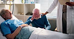 Senior couple, doctor or stress with sad news for cancer, loss or time of death in hospital. Old man, grief and medical surgeon with bad results, condolence or empathy for deceased patient in clinic