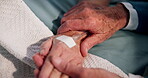 Couple, holding hands and comfort patient on hospital bed for support, empathy and post surgery. Closeup, old people and sick partner with iv drip for recovery, operation sympathy and healing in icu