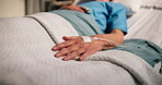 Hand, elderly patient and IV drip in hospital bed for medical treatment, hydration or surgery recovery. Healthcare, sick senior person and intravenous fluid in ICU clinic for morphine and pain relief