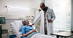 Doctor, support and senior patient in hospital bed for recovery update, good news and healing. Elderly woman, professional and clipboard with discussion for health progress, test results and feedback