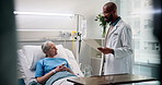 Doctor, document and senior patient in hospital bed for recovery, good news and medical feedback. Elderly woman, professional and folder with discussion for progress, test results and health support