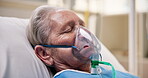 Sick, elderly patient and oxygen mask in hospital bed for surgery recovery, ventilation and rest. Medical, old woman or sleeping with respirator in clinic for respiratory disease or breathing support