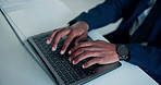 Hands, business and man with laptop, above and trading with stock market, internet and budget report. Closeup, person and investor in workplace, computer and email for funding proposal and auditing