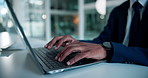 Hands, business and man with laptop, typing and trading with research for funding proposal. Closeup, person or investor in office, pc or email for budget report, internet or stock market with website