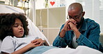Dad, child and sick in hospital with stress, health condition and disease diagnosis in clinic. Worried father, kid or patient sleeping in medical center with healthcare, virus or support for illness