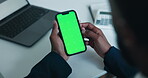Businessman, hands and phone at desk with green screen, advertisement or display for marketing. Mockup space, online and auditor in office with tech, UX and product placement in digital communication
