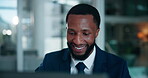 Business, laptop and smile of black man in office for feedback, report or review satisfaction. Computer, corporate and typing with happy African employee in professional workplace for management