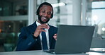Laptop, smile and video call with business black man in office for insurance consultant, advisor and support. Online meeting, claims agent and virtual broker with person in agency with headset