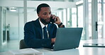 Corporate, black man and phone call with laptop in office for discussion, finance report and schedule. Accountant, pc and talk for financial planning, contact client and chat for investment proposal