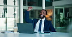 African man, working and celebration at desk with laptop, victory and excitement for closing deal. Happy, business person and success in office with technology, increase and clapping for good news.