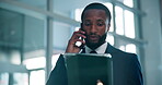 Business, black man and phone call with tablet in office for discussion, finance report and schedule. Accountant, tech and talk for financial planning, contact client and chat for investment proposal