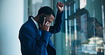 Stress, corporate and black man at window with phone call, communication and business fail. Conversation, frustrated and African person in office with technology, company disruption and challenge
