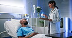 Doctor, clipboard or discussion with man in hospital bed for health update, treatment plan or night. Healthcare, patient or professional with report in clinic for medical feedback and healing support