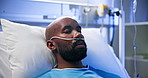 Hospital, sick and black man with oxygen tubes on bed for healing, healthcare and recovery sleep. Nasal cannula, breathing and patient with medical ventilation, respiratory support or rest in ICU
