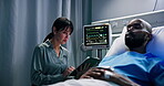 Doctor, woman and tablet with vital signs in hospital for patient, healthcare results or consultation. Monitor, support and service with man for diagnosis, medical treatment and exam in night clinic