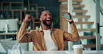 Black man, phone and celebration with fist pump in home for goals, online contest or prize giveaway. African person, smartphone and excited with scream, mobile app and competition winner at apartment