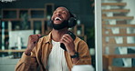 Black man, phone and dancing with headphones in home, happy or relax for streaming in lounge. African person, smartphone and smile with mobile app, audio or listen to music with subscription at house