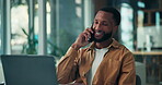 Business, black man and phone call with laptop in office for chat, contact source and schedule. Person, talking and pc for planning story, editor feedback and article discussion of publication agenda